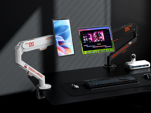 Universal tablet boom arm shown in a desk setup for work and everyday use.