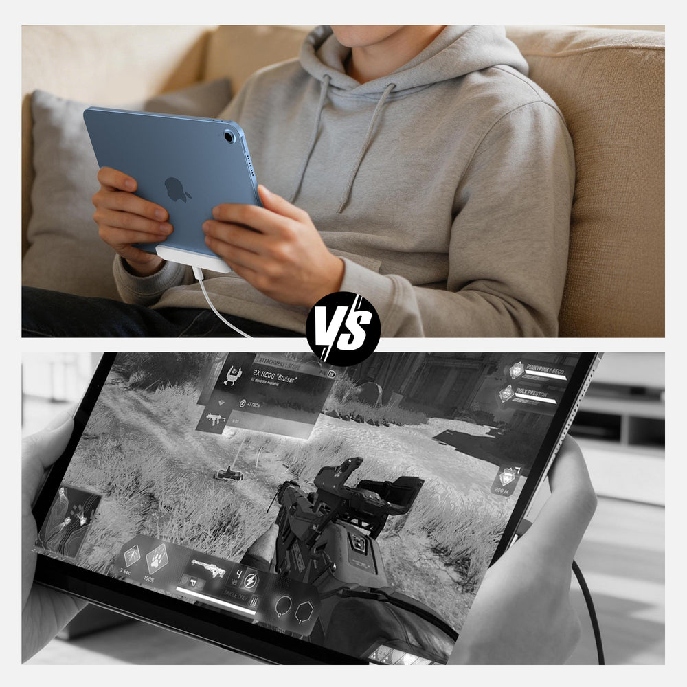 iPad magnetic charging connector shown in use.