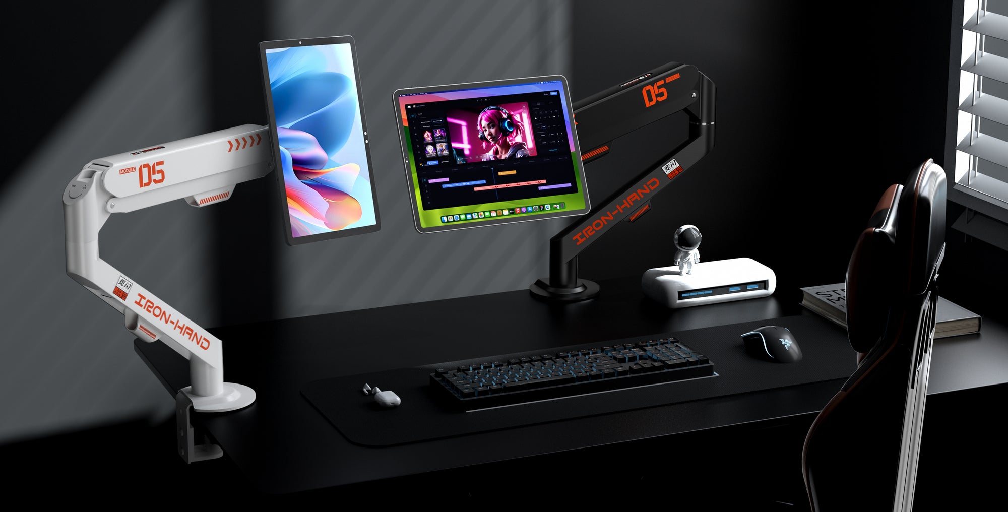 Banner image showing the universal tablet boom arm in a desk setup.