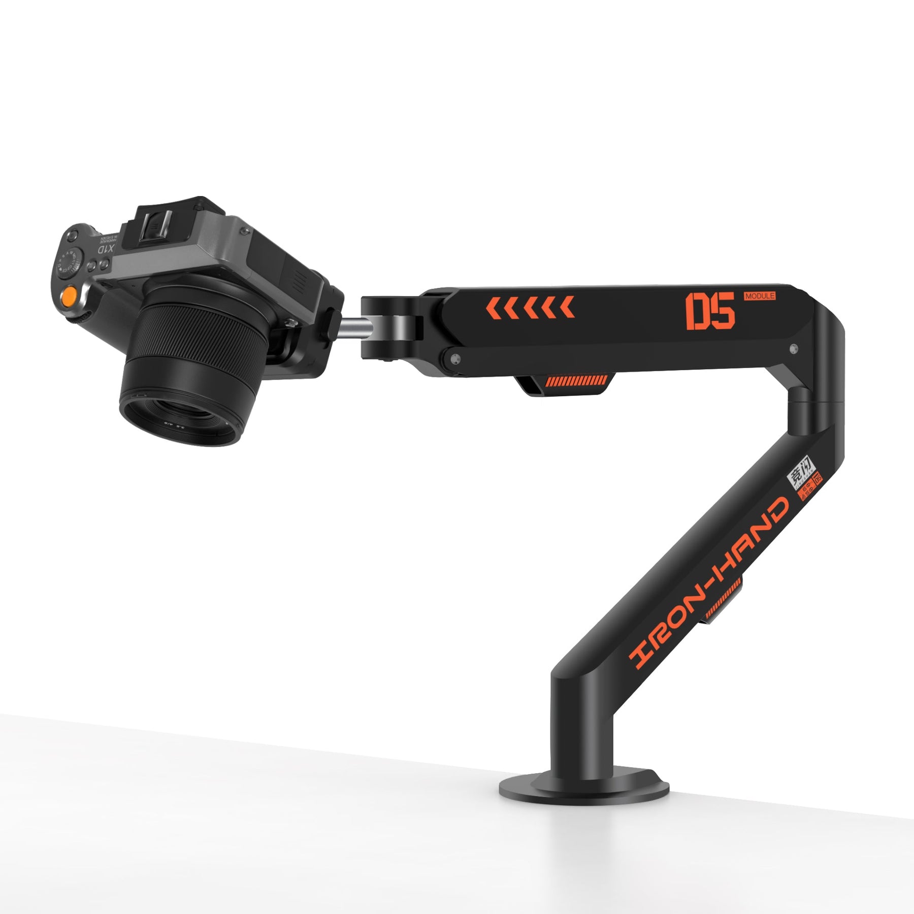Package contents of the overhead camera mount with boom arm, camera mount, phone mount, extension rod, and accessories.