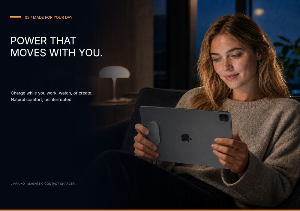 Q21 Ultra lifestyle — magnetic contact charging on iPad