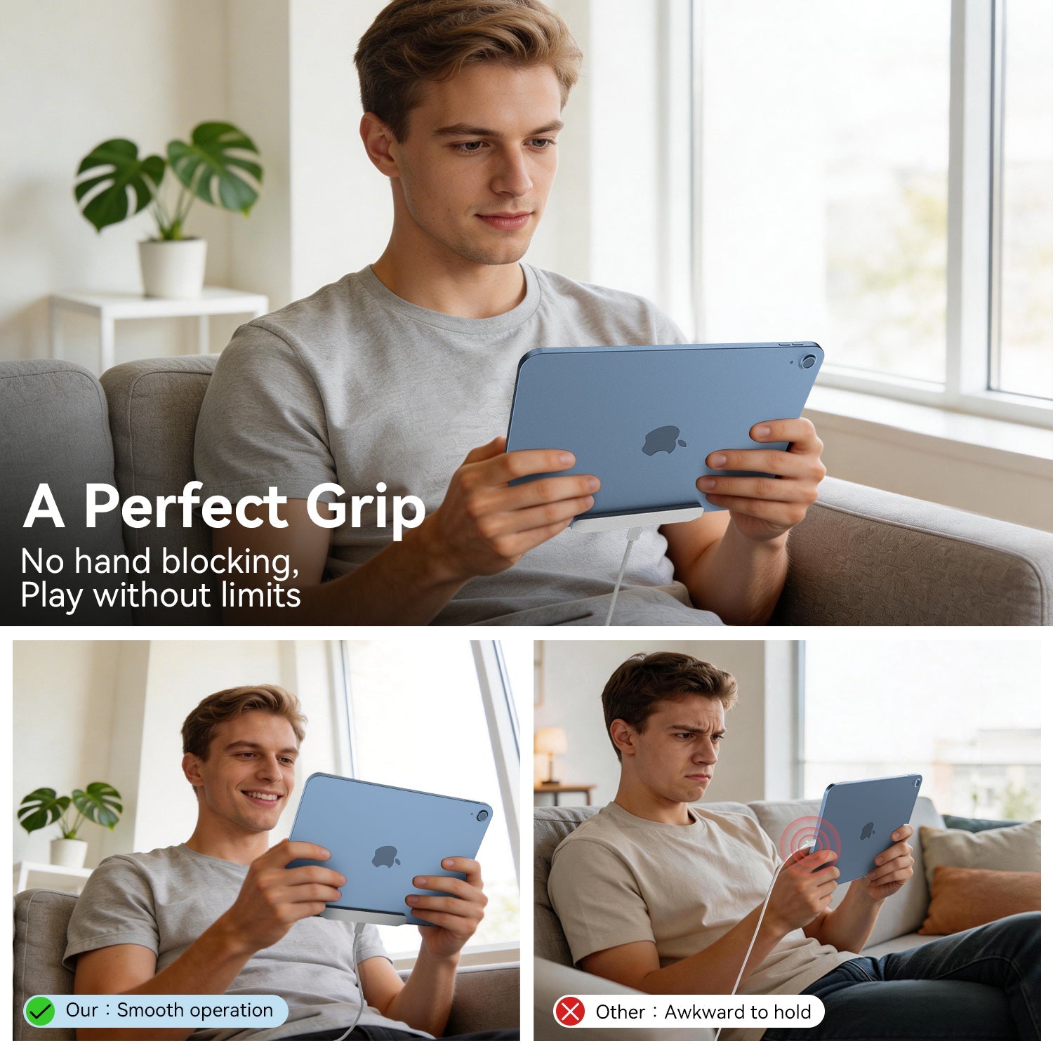 Magnetic contact charger attached for iPad desk setup use.